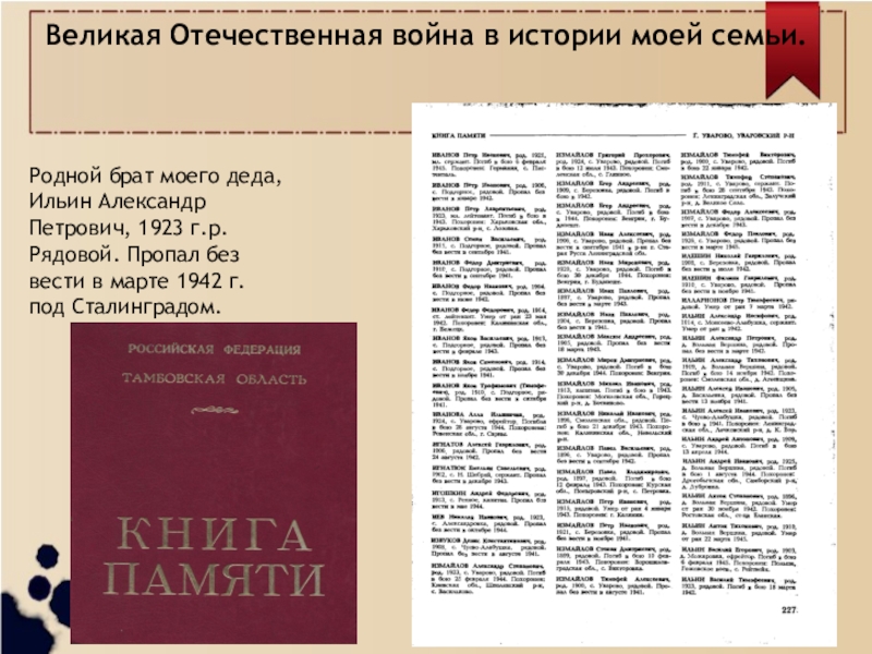 Презентация проекта История моей семьи в истории страны(4 класс) Великая Отечественная война в истории моей семьи.Родной брат моего деда, Ильин Великая Отечественная война в истории моей семьи.Родной брат моего деда, Ильин Александр Петрович, 1923 г.р.Рядовой. Пропал без