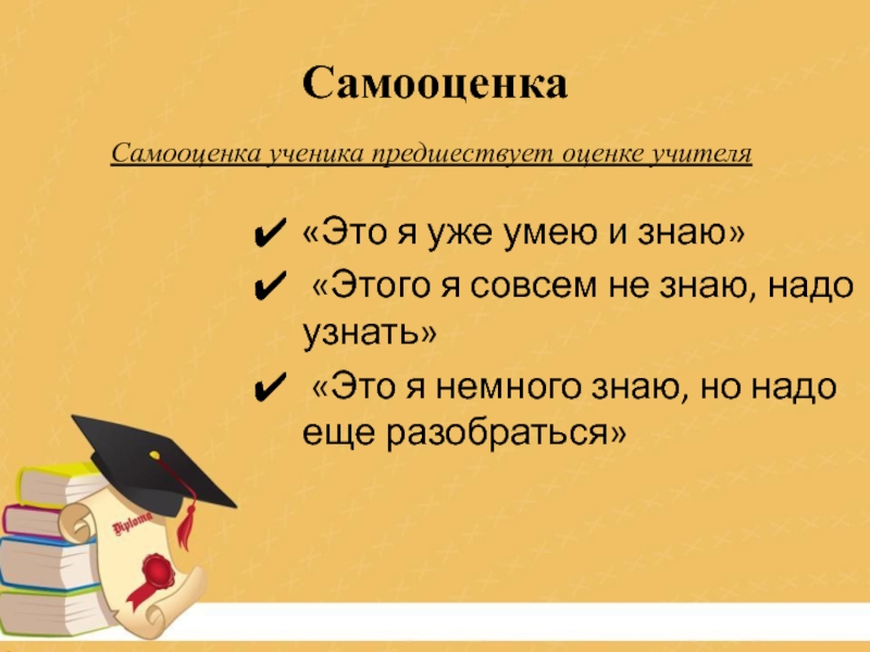 Презентац Развитие оценочной самостоятельности обучающихся как средство достижения плаРазвитие оценочной самостоятельности обучающихся как средство достижения планируемых результатов в начальной школе.нируемых результатов в начальной школе.Из опыта работы Самооценка«Это я уже умею и знаю» «Этого я совсем не знаю, Самооценка«Это я уже умею и знаю» «Этого я совсем не знаю, надо узнать» «Это я немного знаю,