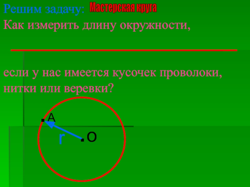 Презентация по математике на тему Длина окружности(6 класс) Решим задачу: Как измерить длину окружности,если у нас имеется кусочек проволоки, нитки или веревки?.А.оrМастерская круга Решим задачу: Как измерить длину окружности,если у нас имеется кусочек проволоки, нитки или веревки?.А.оrМастерская круга