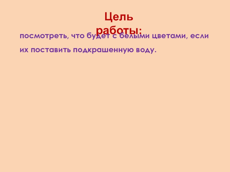 Презентация к исследовательской работе Сказочный букетик ( 1 класс) Цель работы:посмотреть, что будет с белыми цветами, если их поставить подкрашенную воду. Цель работы:посмотреть, что будет с белыми цветами, если их поставить подкрашенную воду.