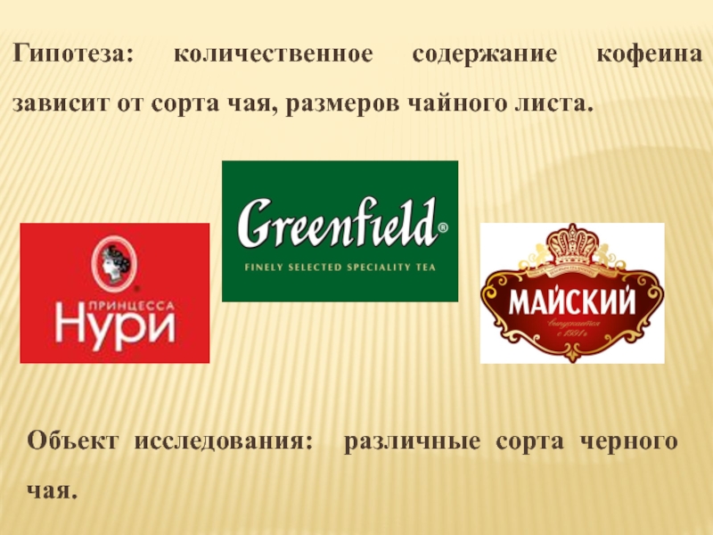 Презентация по теме Кофеин Гипотеза: количественное содержание кофеина зависит от сорта чая, размеров чайного листа.Объект исследования: различные сорта черного чая. Гипотеза: количественное содержание кофеина зависит от сорта чая, размеров чайного листа.Объект исследования: различные сорта черного чая.