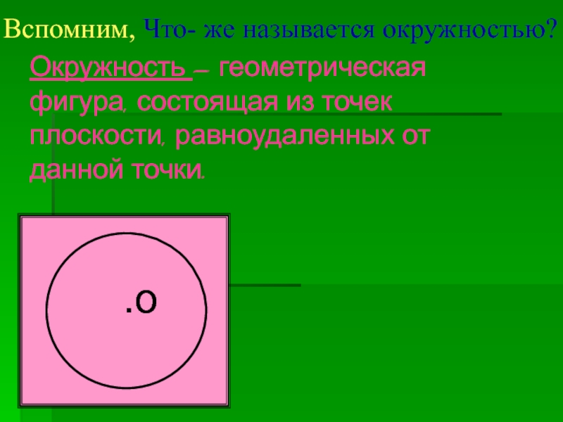 Длина окружности Вспомним, Что- же называется окружностью?.оОкружность – геометрическая фигура, состоящая из точек плоскости, равноудаленных от данной точки. Вспомним, Что- же называется окружностью?.оОкружность – геометрическая фигура, состоящая из точек плоскости, равноудаленных от данной точки.