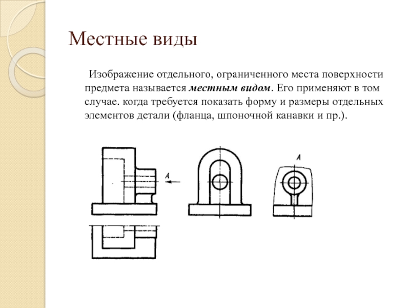 Виды Местные виды Изображение отдельного, ограниченного места поверхности предмета называется местным Местные виды Изображение отдельного, ограниченного места поверхности предмета называется местным видом. Его применяют в том