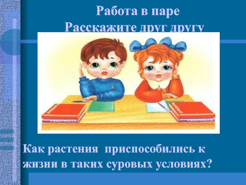Презентация к уроку по предмету Окружающий мир Заполярье Работа в паре Расскажите друг другу . Как растения приспособились к жизни в таких суровых условиях? Работа в паре Расскажите друг другу . Как растения приспособились к жизни в таких суровых условиях?