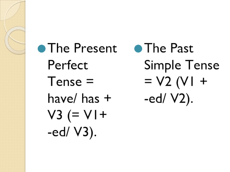 Презентация по английскому языку на тему Places I have been to (5 класс) The Present Perfect Tense = have/ has + V3 (= V1+ The Present Perfect Tense = have/ has + V3 (= V1+ -ed/ V3).The Past Simple Tense =