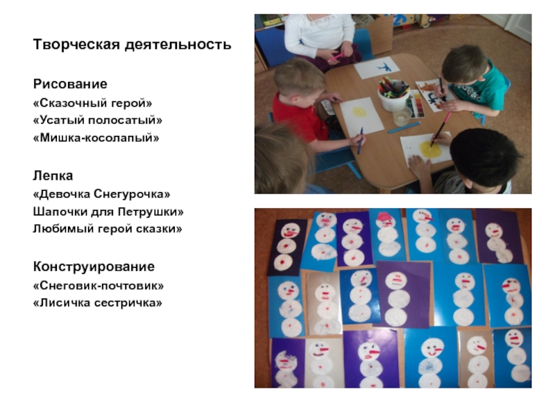 Презентация проектной деятельности Сказка-учитель Творческая деятельностьРисование«Сказочный герой»«Усатый полосатый»«Мишка-косолапый»Лепка«Девочка Снегурочка»Шапочки для Петрушки»Любимый герой сказки»Конструирование«Снеговик-почтовик»«Лисичка сестричка» Творческая деятельностьРисование«Сказочный герой»«Усатый полосатый»«Мишка-косолапый»Лепка«Девочка Снегурочка»Шапочки для Петрушки»Любимый герой сказки»Конструирование«Снеговик-почтовик»«Лисичка сестричка»