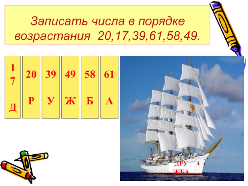 Презентация по математике 2 класс Записать числа в порядке возрастания 20,17,39,61,58,49. 17Д20Р39У49Ж58Б61АДРУЖБА Записать числа в порядке возрастания 20,17,39,61,58,49. 17Д20Р39У49Ж58Б61АДРУЖБА