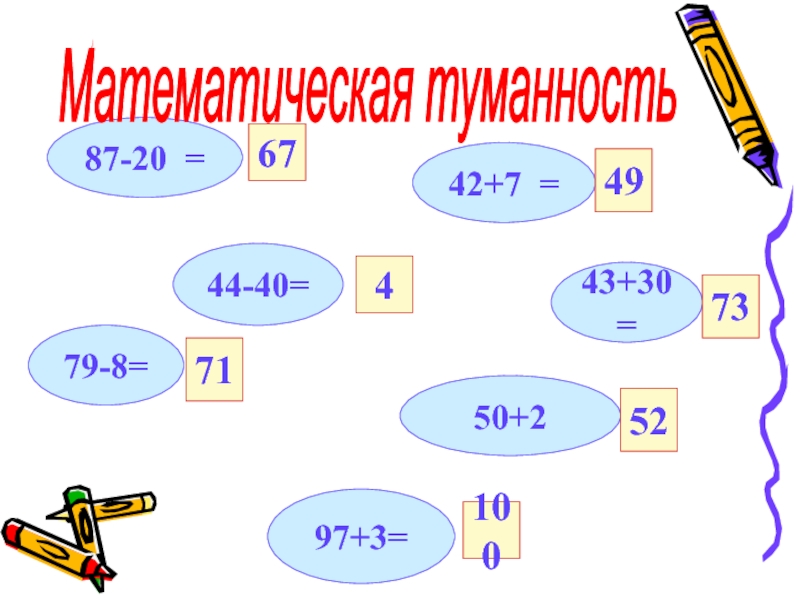 Презентация по математике 2 класс 87-20 =42+7 =43+30=44-40=50+297+3=79-8=677149 47352100Математическая туманность 87-20 =42+7 =43+30=44-40=50+297+3=79-8=677149 47352100Математическая туманность