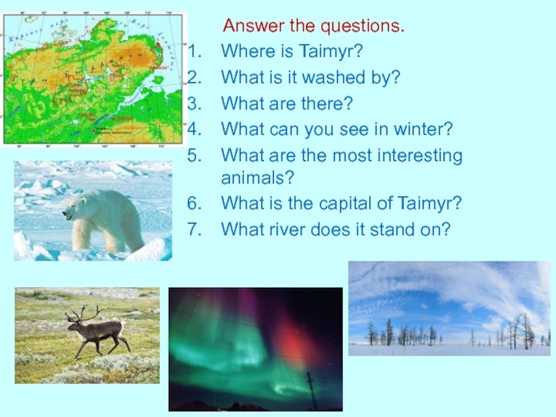 Презентация к уроку английского языка в 5 классе Answer the questions.Where is Taimyr?What is it washed by?What Answer the questions.Where is Taimyr?What is it washed by?What are there?What can you see