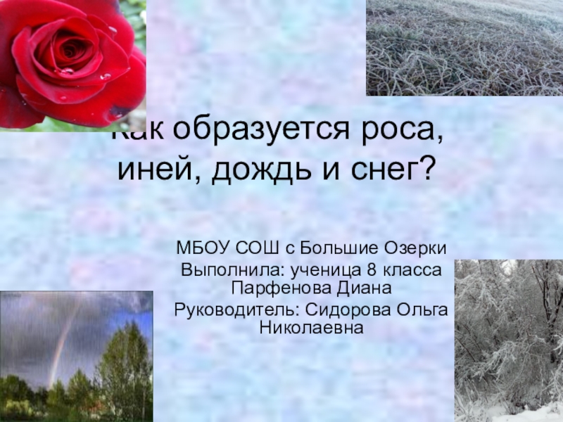 Презентация Исследовательская работа по физике: Как образуется роса,иней, дождь и снег? (8 класс)