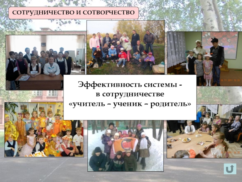 Слагаемые успеха педагога развивающего обучения СОТРУДНИЧЕСТВО И СОТВОРЧЕСТВОЭффективность системы -в сотрудничестве «учитель – ученик – родитель» СОТРУДНИЧЕСТВО И СОТВОРЧЕСТВОЭффективность системы -в сотрудничестве «учитель – ученик – родитель»
