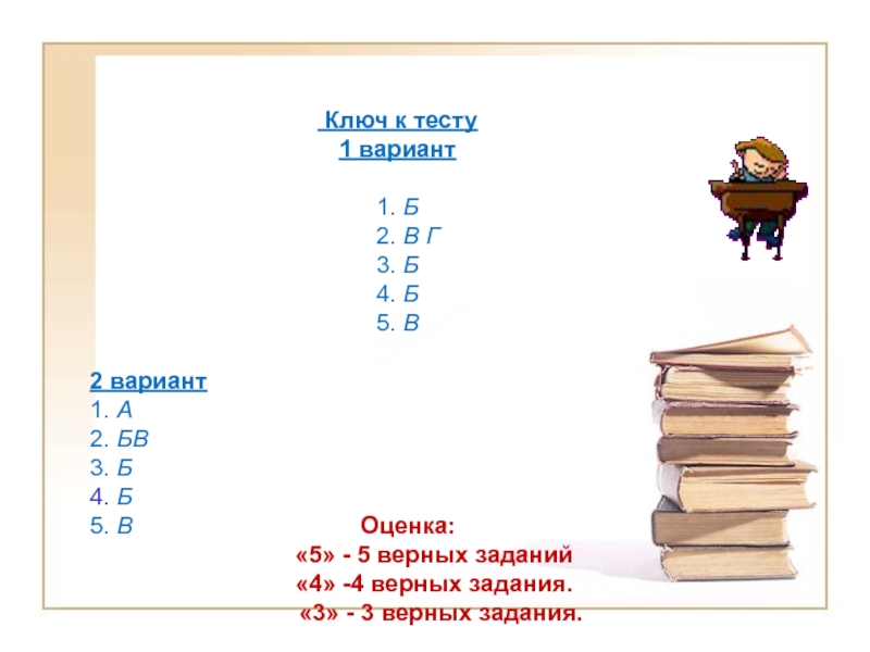 Презентация по алгебре на тему Решение систем уравнений второй степени (9 класс) Ключ к тесту1 вариант1. Б 2. В Г3. Б4. Б5. В2 вариант1. А2. БВ3. Б4. Б5. В Ключ к тесту1 вариант1. Б 2. В Г3. Б4. Б5. В2 вариант1. А2. БВ3. Б4. Б5. В