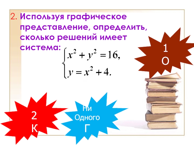 Презентация по алгебре на тему Решение систем уравнений второй степени (9 класс) 2. Используя графическое представление, определить, сколько решений имеет система:1О2КНи ОдногоГ 2. Используя графическое представление, определить, сколько решений имеет