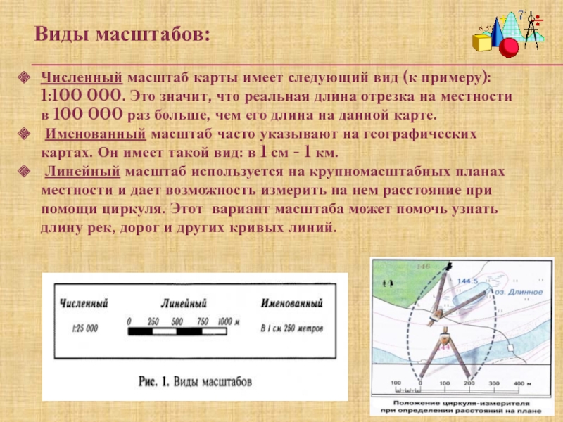 Презентация по математике на тему Масштаб (6 класс) Виды масштабов:Численный масштаб карты имеет следующий вид (к примеру): 1:100 000. Виды масштабов:Численный масштаб карты имеет следующий вид (к примеру): 1:100 000. Это значит, что реальная длина отрезка