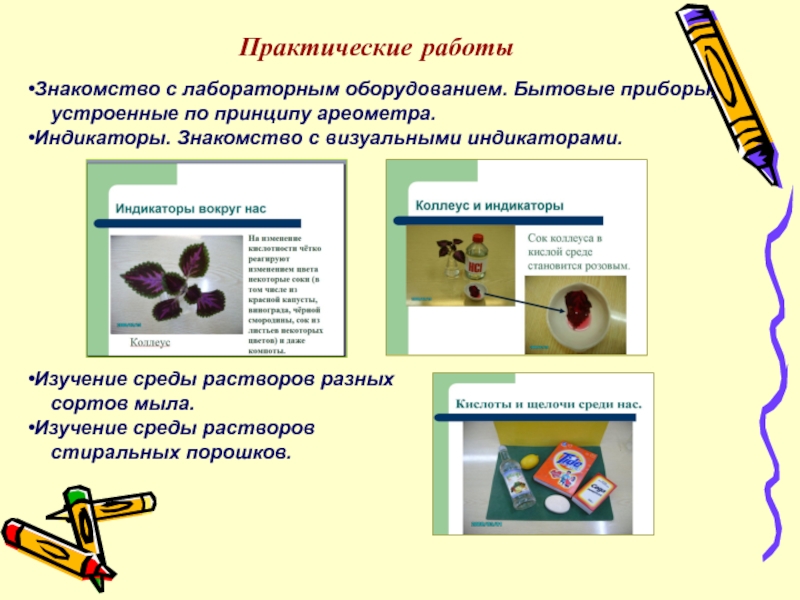 ПрезентацияПроектно-исследовательская деятельность учащихся 5-ых классов на занятиях Клуба любознательных Знакомство с лабораторным оборудованием. Бытовые приборы, устроенные по принципу ареометра.Индикаторы. Знакомство с лабораторным оборудованием. Бытовые приборы, устроенные по принципу ареометра.Индикаторы. Знакомство с визуальными индикаторами.Изучение среды