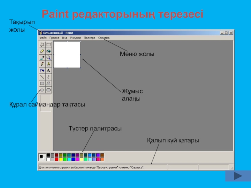Презентация 7-сынып Paint графикалық редакторы Paint редакторының терезесіТақырып жолыМеню жолыҚұрал саймандар тақтасыЖұмыс алаңыТүстер палитрасыҚалып күй қатары Paint редакторының терезесіТақырып жолыМеню жолыҚұрал саймандар тақтасыЖұмыс алаңыТүстер палитрасыҚалып күй қатары