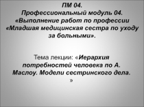 Презентация лекции Основные человеческие потребности. Модели сестринского дела
