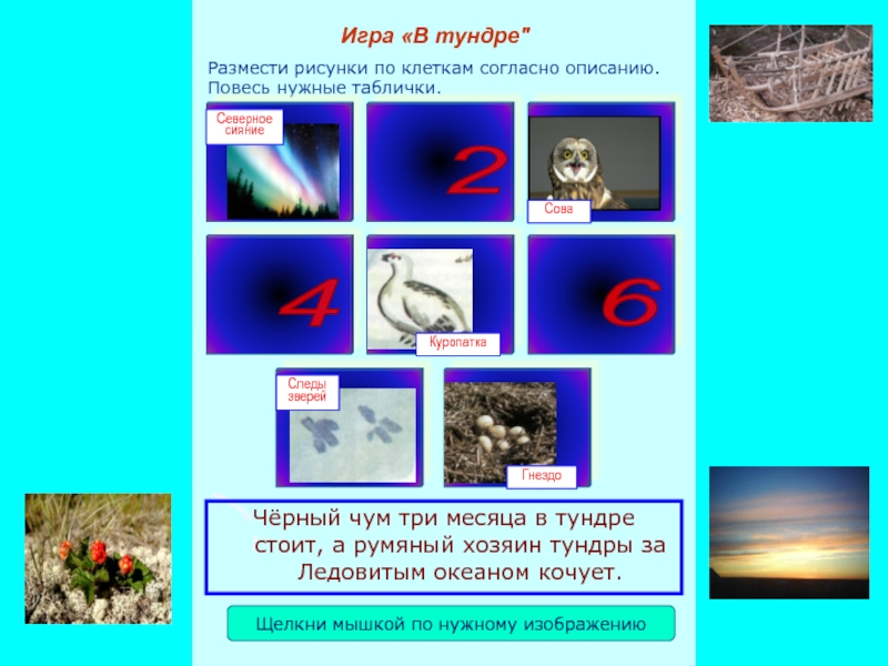 Презентация игры Заколдованная тундра Размести рисунки по клеткам согласно описанию. Повесь нужные таблички.Игра «В тундре Размести рисунки по клеткам согласно описанию. Повесь нужные таблички.Игра «В тундре