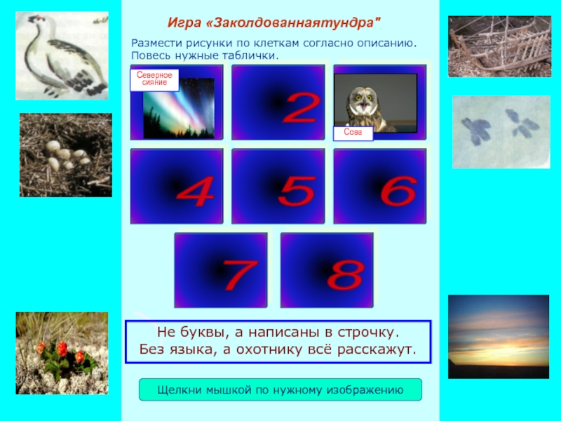 Презентация игры Заколдованная тундра Размести рисунки по клеткам согласно описанию. Повесь нужные таблички.Игра «Заколдованнаятундра Размести рисунки по клеткам согласно описанию. Повесь нужные таблички.Игра «Заколдованнаятундра