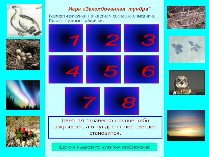 Презентация игры Заколдованная тундра Размести рисунки по клеткам согласно описанию. Повесь нужные таблички.Игра «Заколдованная тундра Размести рисунки по клеткам согласно описанию. Повесь нужные таблички.Игра «Заколдованная тундра