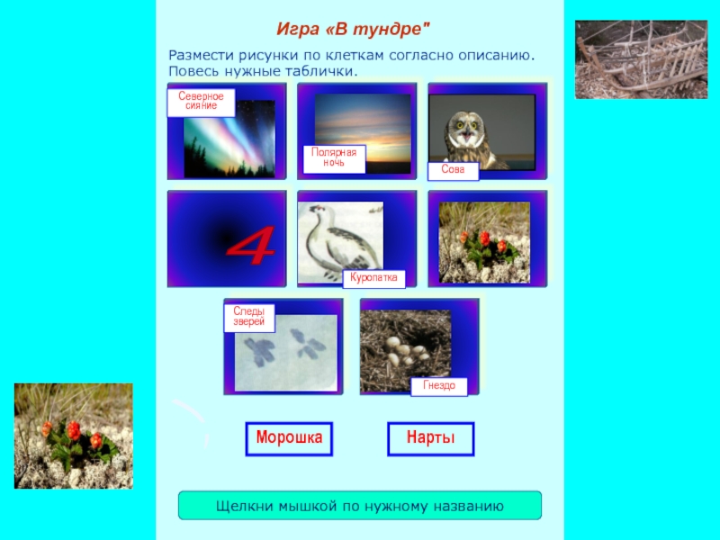 Презентация игры Заколдованная тундра Размести рисунки по клеткам согласно описанию. Повесь нужные таблички.Игра «В тундре Размести рисунки по клеткам согласно описанию. Повесь нужные таблички.Игра «В тундре