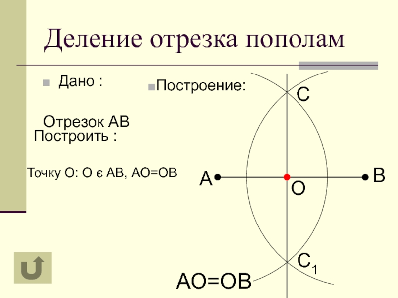 Презентация по математике на тему: Задачи на построение Дано :Деление отрезка пополамПостроить :Построение:Отрезок АВТочку О: О є АВ, АО=ОВAВOCС1АО=ОВ Дано :Деление отрезка пополамПостроить :Построение:Отрезок АВТочку О: О є АВ, АО=ОВAВOCС1АО=ОВ