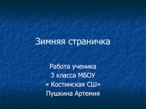 Проект Зимняя страничка ученика 3 класса МБОУ  Костинская СШ Пушкина Артемия