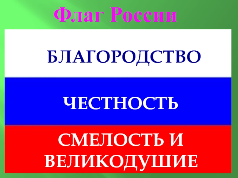 Презентация РОССИЯ – МОЯ РОДИНА, Я ГОРЖУСЬ ЕЮ! Флаг РоссииБЛАГОРОДСТВОЧЕСТНОСТЬСМЕЛОСТЬ И ВЕЛИКОДУШИЕ Флаг РоссииБЛАГОРОДСТВОЧЕСТНОСТЬСМЕЛОСТЬ И ВЕЛИКОДУШИЕ