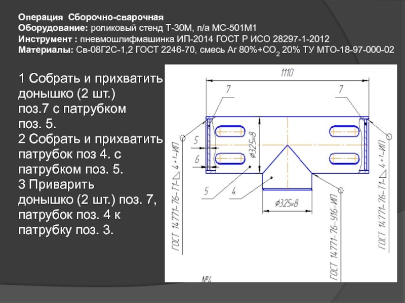 Презентация для дипломного проектирования по специальности Сварочное производство Операция Сборочно-сварочная Оборудование: роликовый стенд Т-30М, п/а МС-501М1 Инструмент : пневмошлифмашинка Операция Сборочно-сварочная Оборудование: роликовый стенд Т-30М, п/а МС-501М1 Инструмент : пневмошлифмашинка ИП-2014 ГОСТ Р ИСО 28297-1-2012