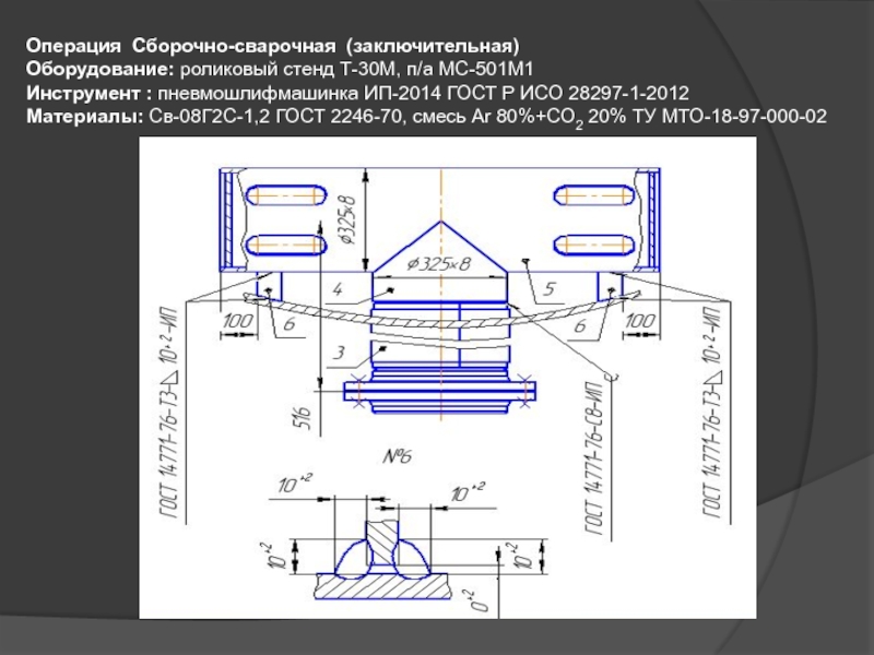 Презентация для дипломного проектирования по специальности Сварочное производство Операция Сборочно-сварочная (заключительная) Оборудование: роликовый стенд Т-30М, п/а МС-501М1 Инструмент : Операция Сборочно-сварочная (заключительная) Оборудование: роликовый стенд Т-30М, п/а МС-501М1 Инструмент : пневмошлифмашинка ИП-2014 ГОСТ Р ИСО 28297-1-2012