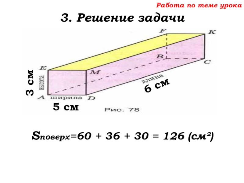 Урок №68 11.12.19 Прямоугольный параллелепипед Работа по теме урока3. Решение задачиSповерх=60 + 36 + 30 = Работа по теме урока3. Решение задачиSповерх=60 + 36 + 30 = 126 (см²) 6 см5 см3 см