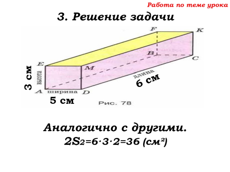 Урок №68 11.12.19 Прямоугольный параллелепипед Работа по теме урока3. Решение задачиАналогично с другими.2S2=6·3·2=36 (см²) 6 см5 см3 см Работа по теме урока3. Решение задачиАналогично с другими.2S2=6·3·2=36 (см²) 6 см5 см3 см