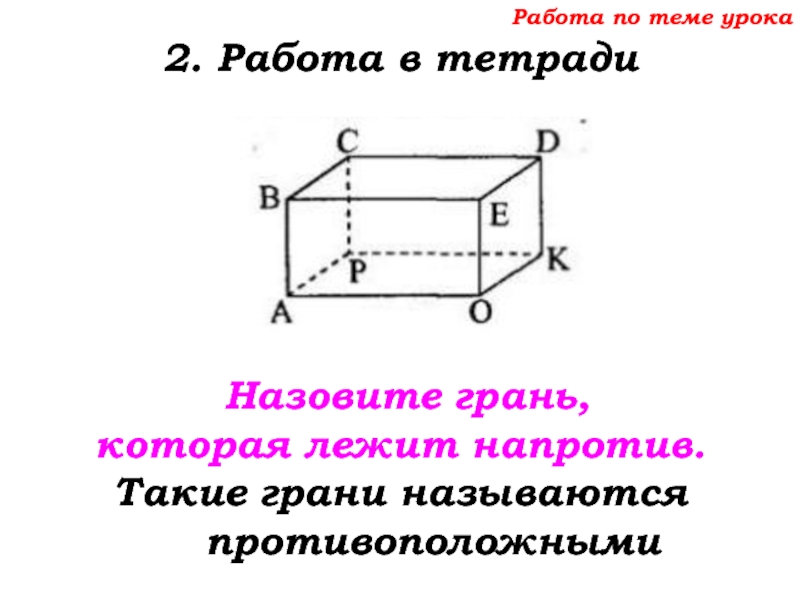 Урок №68 11.12.19 Прямоугольный параллелепипед Работа по теме урока2. Работа в тетради Назовите грань, которая лежит напротив.Такие грани называются противоположными Работа по теме урока2. Работа в тетради Назовите грань, которая лежит напротив.Такие грани называются противоположными