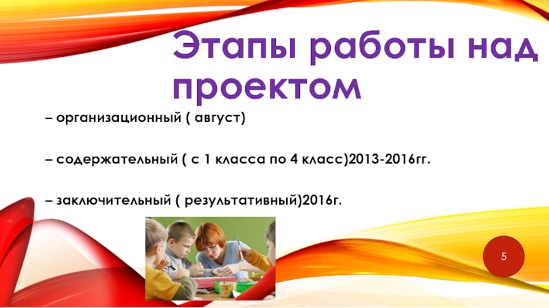 Внеурочная деятельность. Художественное направление. Этапы работы над проектом – организационный ( август) – содержательный ( Этапы работы над проектом – организационный ( август) – содержательный ( с 1 класса по 4 класс)2013-2016гг.