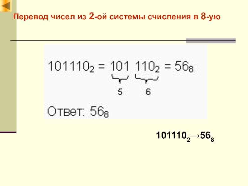 Позиционные и непозиционные системы счисления Перевод чисел из 2-ой системы счисления в 8-ую1011102→568 Перевод чисел из 2-ой системы счисления в 8-ую1011102→568