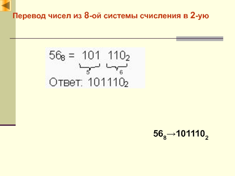 Позиционные и непозиционные системы счисления Перевод чисел из 8-ой системы счисления в 2-ую568→101110265 Перевод чисел из 8-ой системы счисления в 2-ую568→101110265