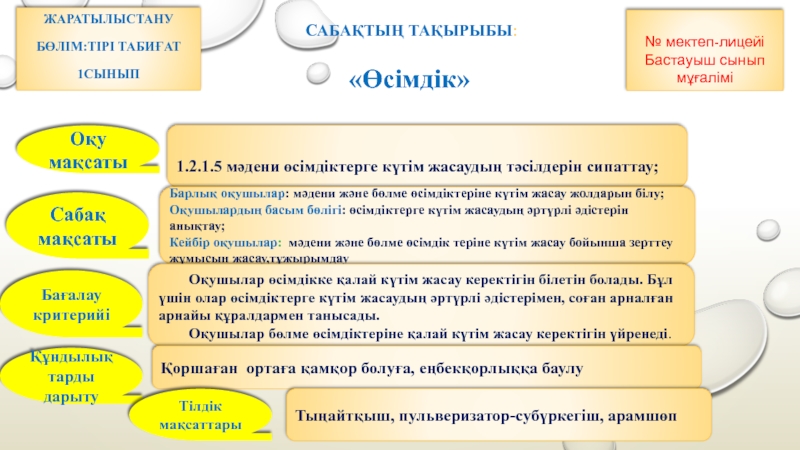 Презентация на тему Сабақтың тақырыбы:ЖаратылыстануБөлім:Тірі табиғат1сынып«Өсімдік» 1.2.1.5 мәдени өсімдіктерге күтім жасаудың Сабақтың тақырыбы:ЖаратылыстануБөлім:Тірі табиғат1сынып«Өсімдік» 1.2.1.5 мәдени өсімдіктерге күтім жасаудың тәсілдерін сипаттау;Барлық оқушылар: мәдени және бөлме өсімдіктеріне күтім жасау