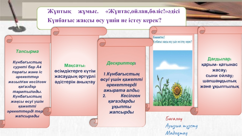 Өсімдік 1 сынып Бағалау критерийлері:Өсімдіктік өсуіне қажетті және қажетсіз жағдайларды ажыратадыҚажеттіліктерін дәлелдеп үйренеді Бағалау критерийлері:Өсімдіктік өсуіне қажетті және қажетсіз жағдайларды ажыратадыҚажеттіліктерін дәлелдеп үйренеді Саралау тапсырмасында орын аладыКритериалды бағалауТапсырмаШашылған