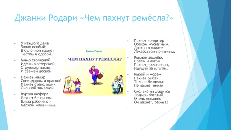 Презентация на тему Джанни Родари «Чем пахнут ремёсла?»У каждого дела Запах Джанни Родари «Чем пахнут ремёсла?»У каждого дела Запах особый: В булочной пахнет Тестом и сдобой.Мимо столярной Идёшь