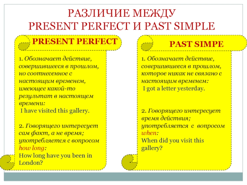 Презентация по английскому языку на тему Present Perfect Tense РАЗЛИЧИЕ МЕЖДУ PRESENT PERFECT И PAST SIMPLE PRESENT PERFECTPAST SIMPE1. Обозначает РАЗЛИЧИЕ МЕЖДУ PRESENT PERFECT И PAST SIMPLE PRESENT PERFECTPAST SIMPE1. Обозначает действие, совершившееся в прошлом, но