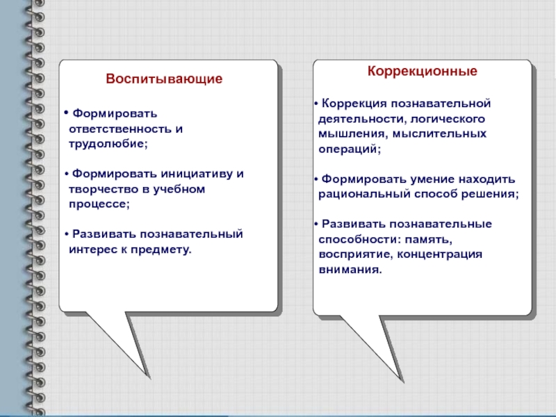 Компьютерная презентация методической разработки раздела учебной программы по алгебре Квадратные уравнения Коррекционные Коррекция познавательной деятельности, логического мышления, мыслительных операций; Формировать умение находить Коррекционные Коррекция познавательной деятельности, логического мышления, мыслительных операций; Формировать умение находить рациональный способ решения; Развивать познавательные способности:
