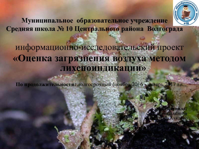 Презентация на тему Муниципальное образовательное учреждение Средняя школа № 10 Муниципальное образовательное учреждение Средняя школа № 10 Центрального района Волгограда информационно-исследовательский проект«Оценка загрязнения