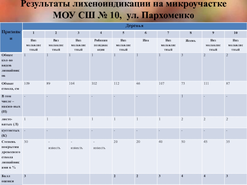 Презентация к исследовательской работе Оценка загрязнения воздуха методом лихеноиндикации Результаты лихеноиндикации на микроучастке МОУ СШ № 10, ул. Пархоменко Результаты лихеноиндикации на микроучастке МОУ СШ № 10, ул. Пархоменко