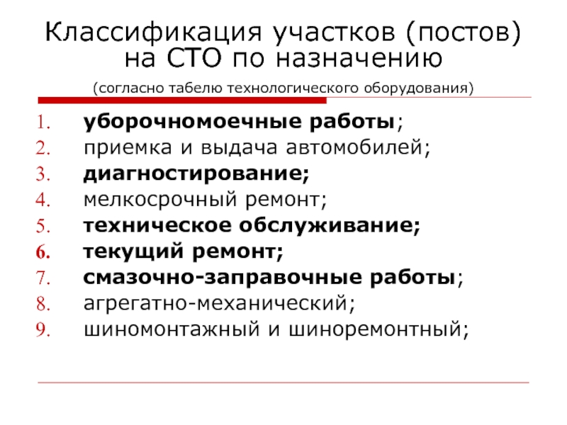 СТО - Зарубежный опыт Классификация участков (постов) на СТО по назначению (согласно табелю технологического оборудования) Классификация участков (постов) на СТО по назначению (согласно табелю технологического оборудования) уборочномоечные работы; приемка и выдача автомобилей;
