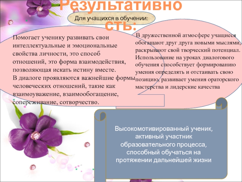 Тема: Развитие субъектности учащихся на уроках английского языка через диалоговое обучение Помогает ученику развивать свои интеллектуальные и эмоциональные свойства личности, это способ отношений, Помогает ученику развивать свои интеллектуальные и эмоциональные свойства личности, это способ отношений, это форма взаимодействия, позволяющая искать истину
