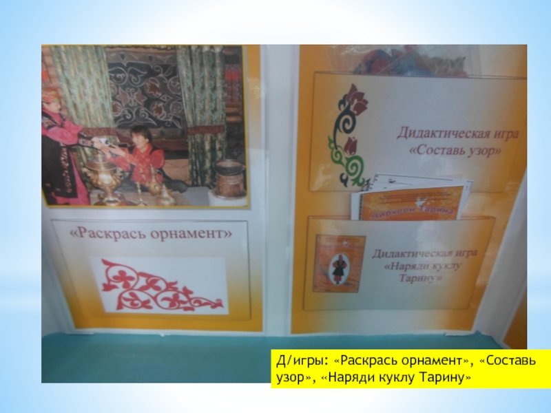 Лэпбук Хакасские народные орнаменты Д/игры: «Раскрась орнамент», «Составь узор», «Наряди куклу Тарину» Д/игры: «Раскрась орнамент», «Составь узор», «Наряди куклу Тарину»