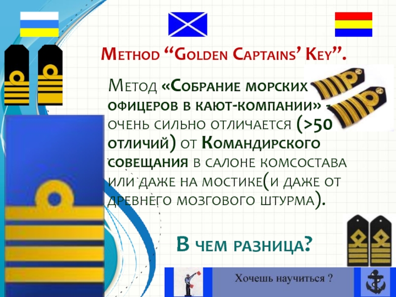 10 метров изобата. Безопасная глубина где морская волна переходит в прибой. Другие эффективные методы Практической остойчивости от древних мореходов.10 метров изобата. Безопасная глубина где морская волна переходит в прибой. Другие эффективные методы Прак Method “Golden Captains’ Key”. Метод «Собрание морских офицеров в кают-компании» - Method “Golden Captains’ Key”. Метод «Собрание морских офицеров в кают-компании» - очень сильно отличается (>50 отличий) от