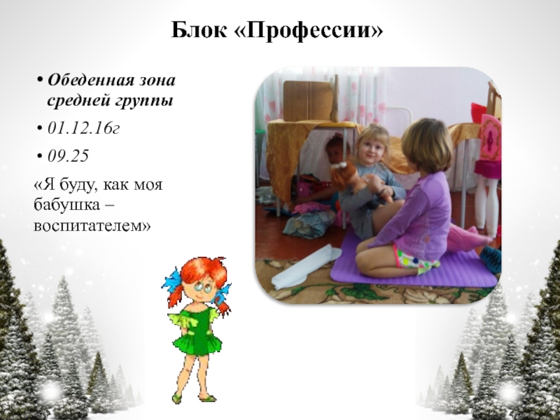 Презентация по технологии Час свободной игры Блок «Профессии»Обеденная зона средней группы01.12.16г09.25«Я буду, как моя бабушка – воспитателем» Блок «Профессии»Обеденная зона средней группы01.12.16г09.25«Я буду, как моя бабушка – воспитателем»