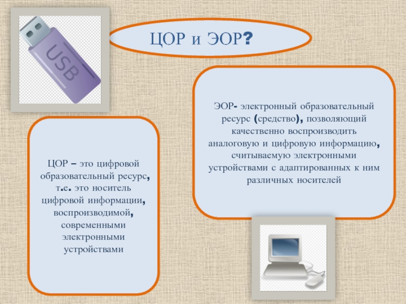 Цифровые образовательные ресурсы ЦОР и ЭОР?ЦОР – это цифровой образовательный ресурс, т.е. это носитель ЦОР и ЭОР?ЦОР – это цифровой образовательный ресурс, т.е. это носитель цифровой информации, воспроизводимой, современными электронными устройствамиЭОР-