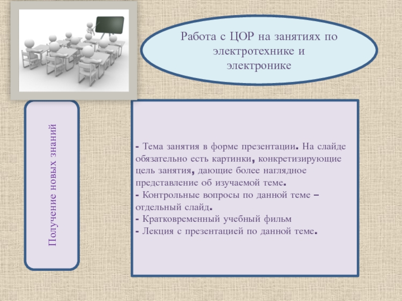 Цифровые образовательные ресурсы Получение новых знанийРабота с ЦОР на занятиях по электротехнике и электронике- Получение новых знанийРабота с ЦОР на занятиях по электротехнике и электронике- Тема занятия в форме презентации. На